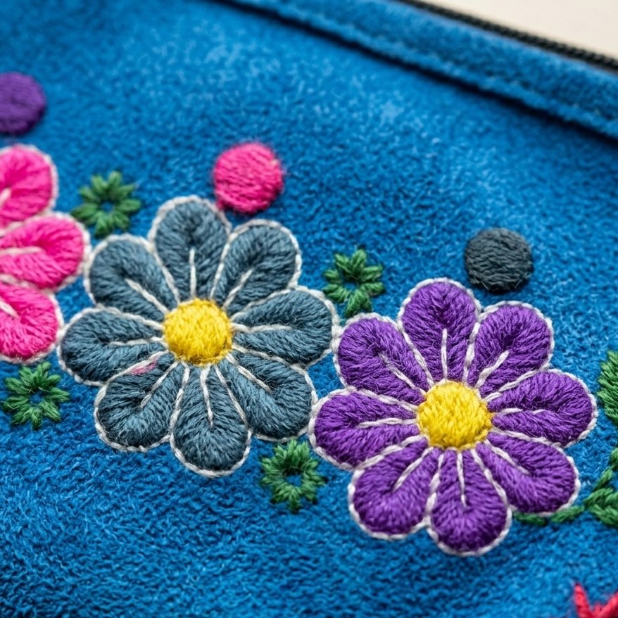 Blue Pouch with Embroidered Flowers