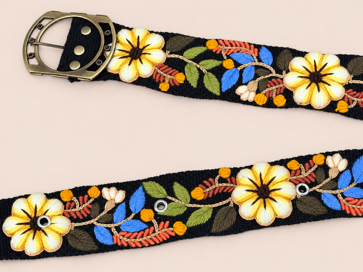 Midnight Botanical Hand-Embroidered Belt