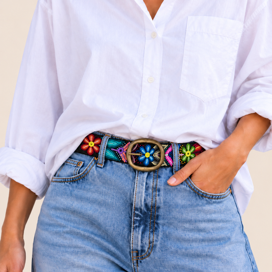 Midnight Blossom Hand-Embroidered Belt