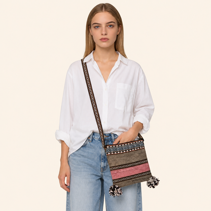 Brown & Pink Wool Crossbody Bag