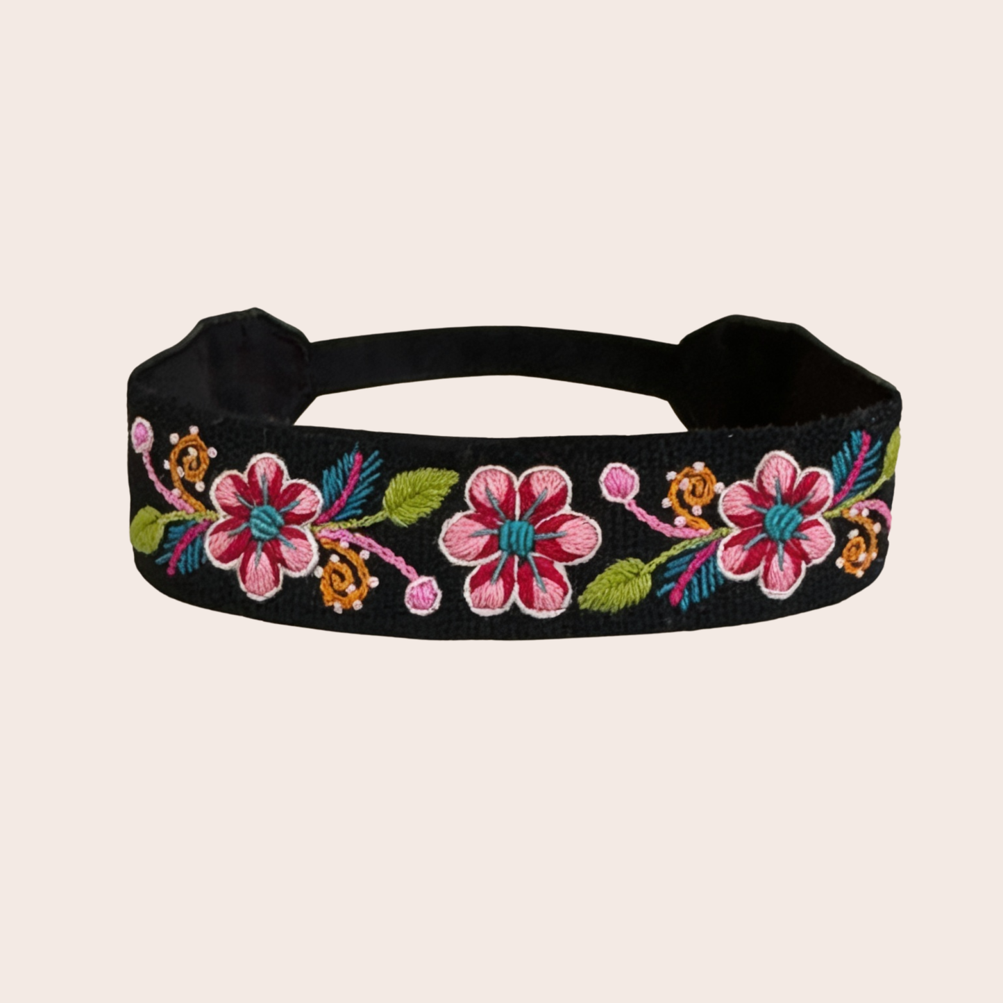 Black Headband with Pink Flower