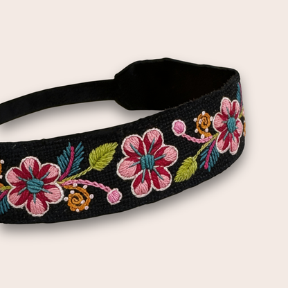 Black Headband with Pink Flower