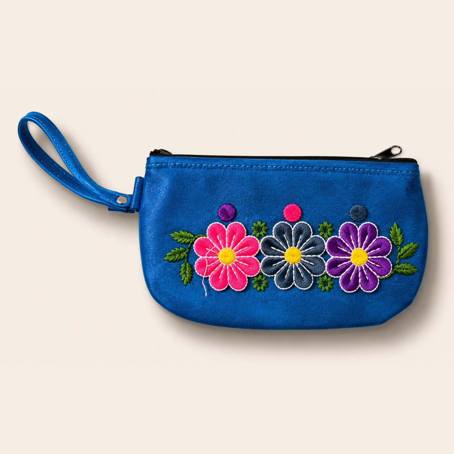 Blue Pouch with Embroidered Flowers