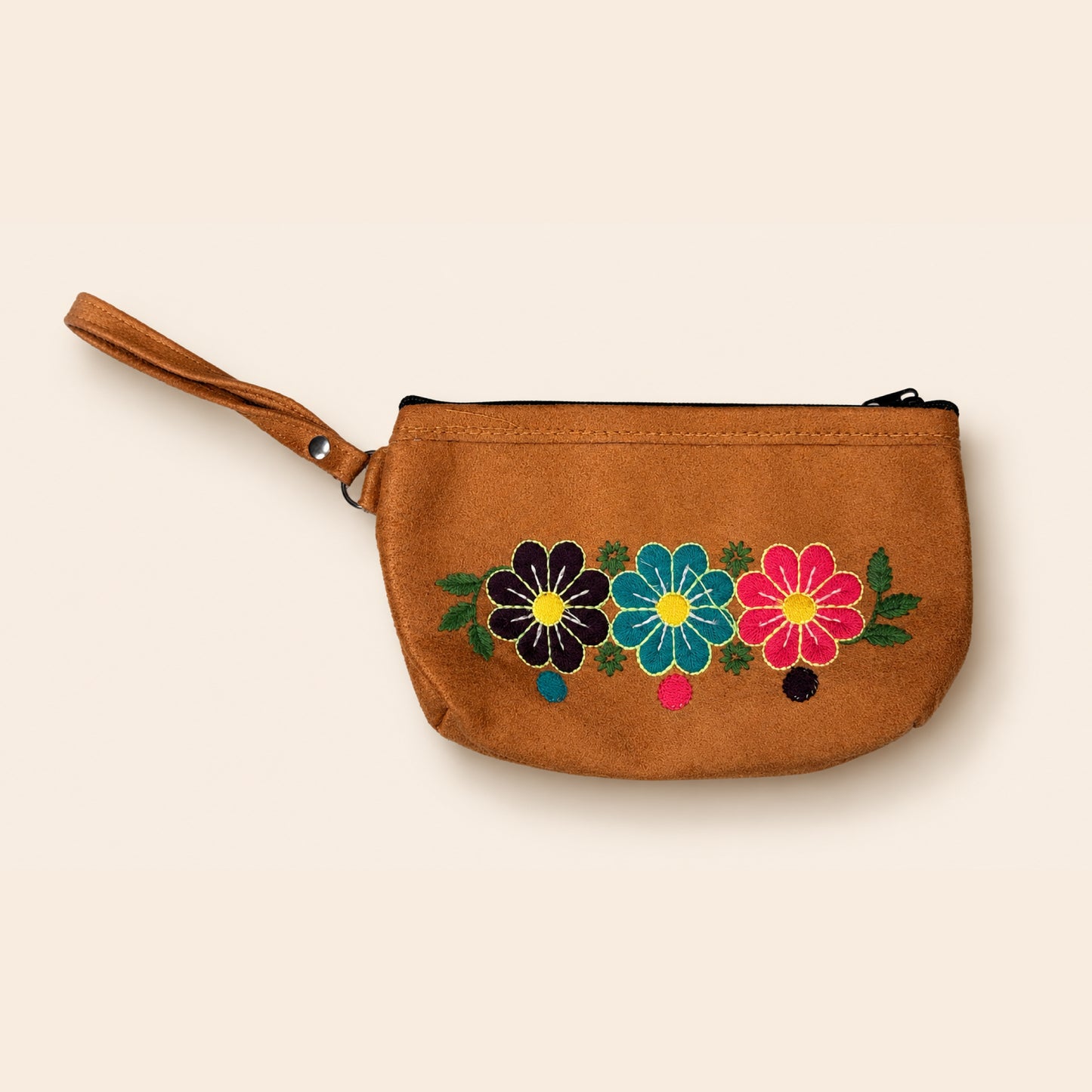 Light Brown Floral Embroidered Pouch