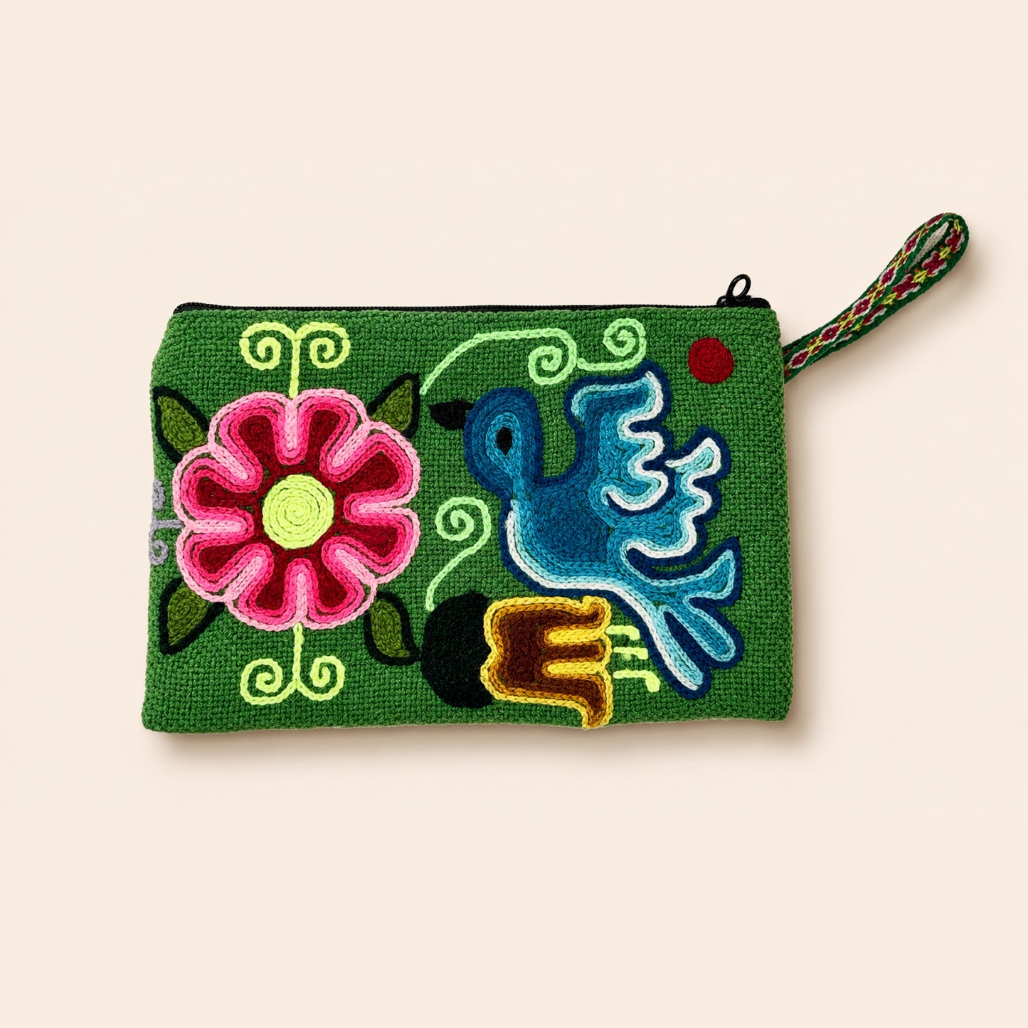 Green Pouch with Embroidered Flowers