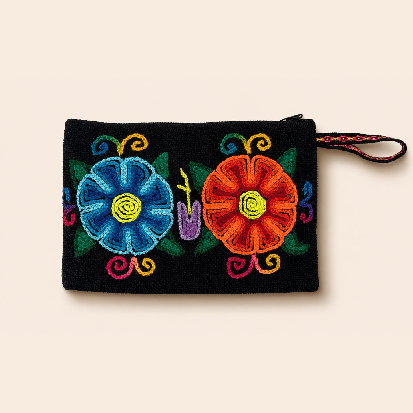 Black pouch with embroidered flowers