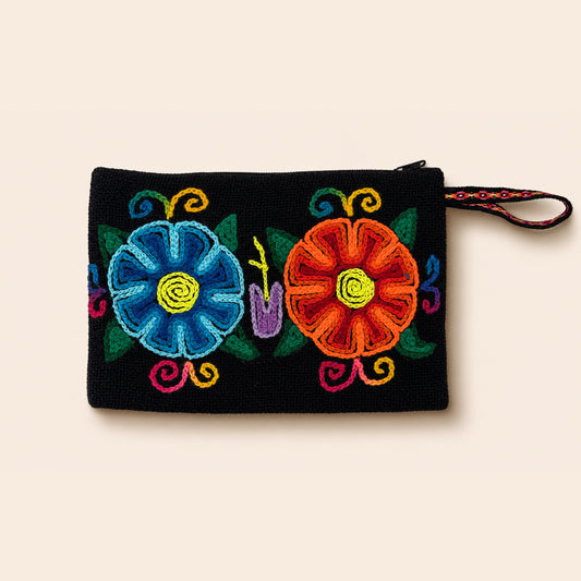 Black pouch with embroidered flowers
