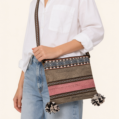 Brown & Pink Wool Crossbody Bag