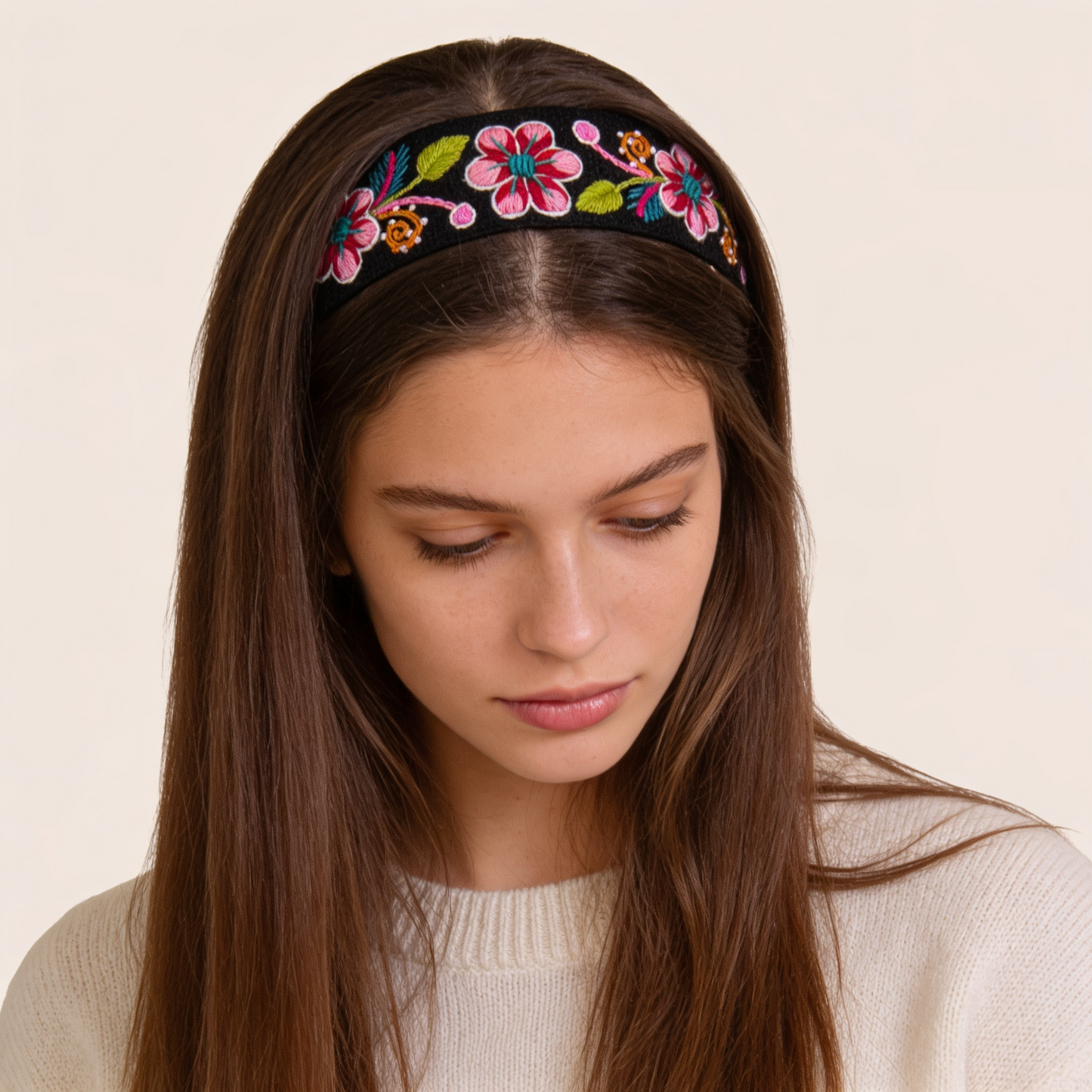 Black Headband with Pink Flower